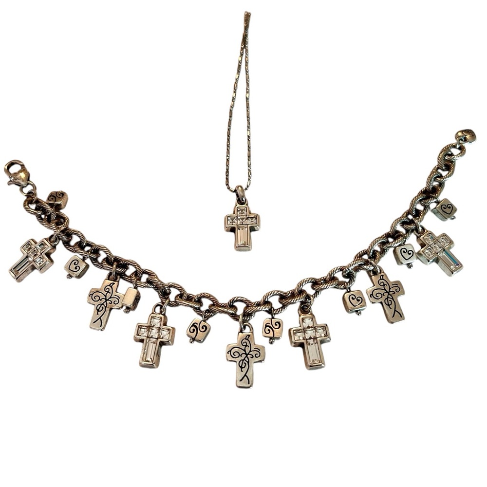 Brighton 2pc. Set Necklace & Bracelet Etched Filagree and Crystal Crosses